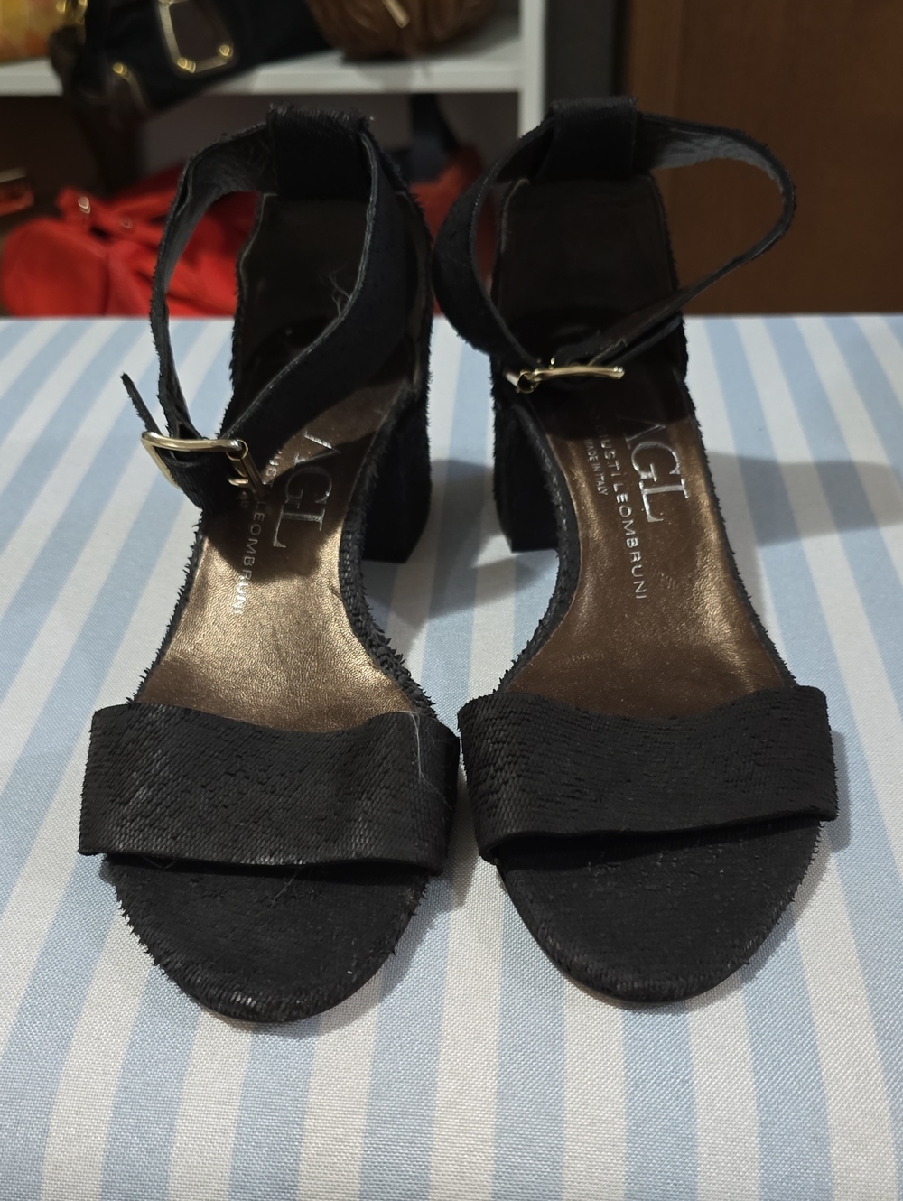 Agl Black Open-Toe Ankle-Strap Block Heel Sandals with Gold Buckle